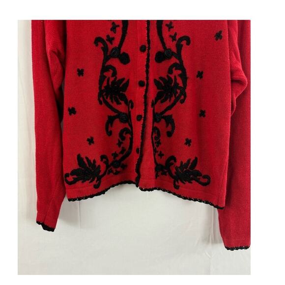 Arriviste Large Red Black Embroidered Button-Up Cardigan Women’s Vintage Look - Picture 2 of 6